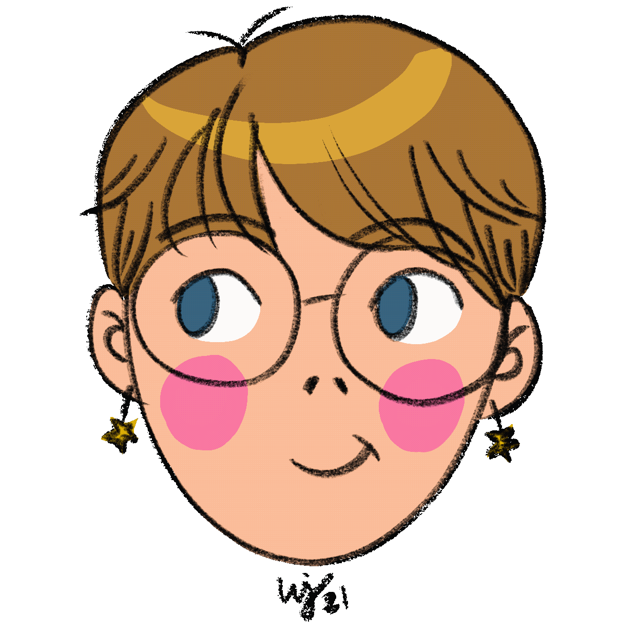 Cartoon of a short haired person with glasses with a shy smile, animated in a loop looking to the left and right